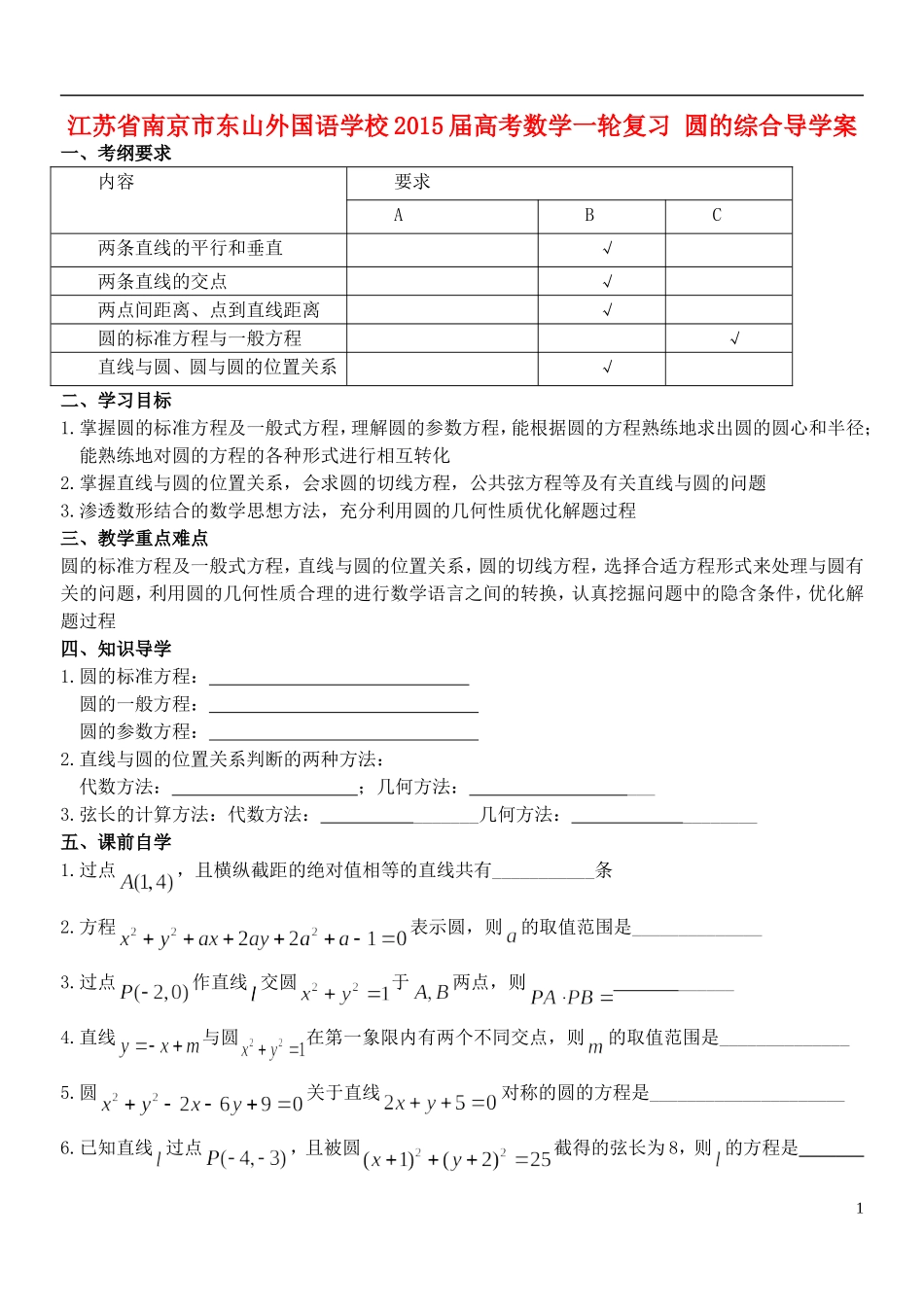 江苏省南京市东山外国语学校2015届高考数学一轮复习 圆的综合教学案_第1页