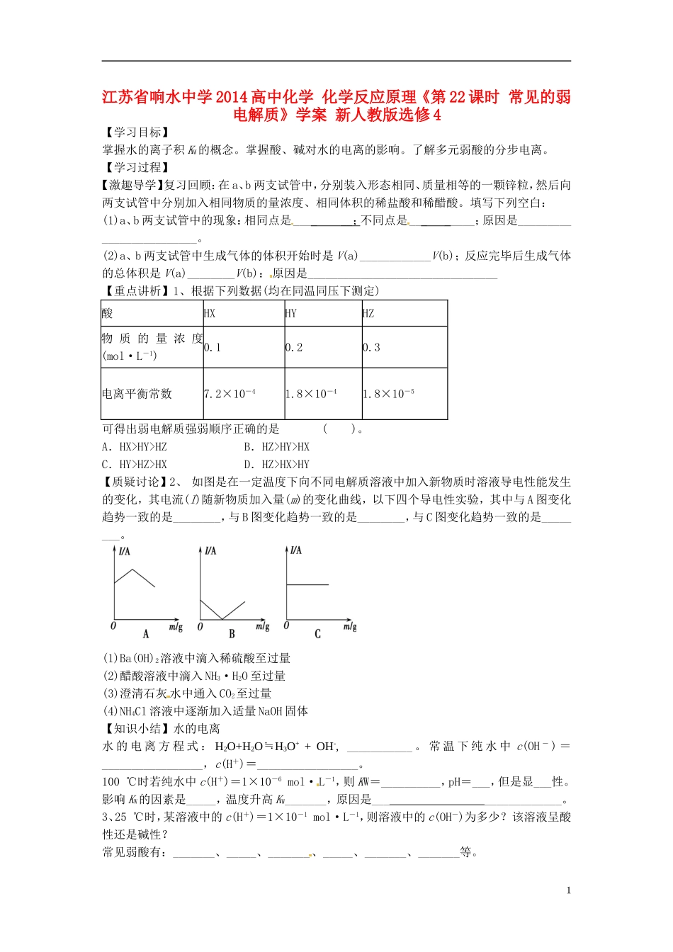 江苏省响水中学2014高中化学 化学反应原理《第22课时 常见的弱电解质》学案 新人教版选修4_第1页