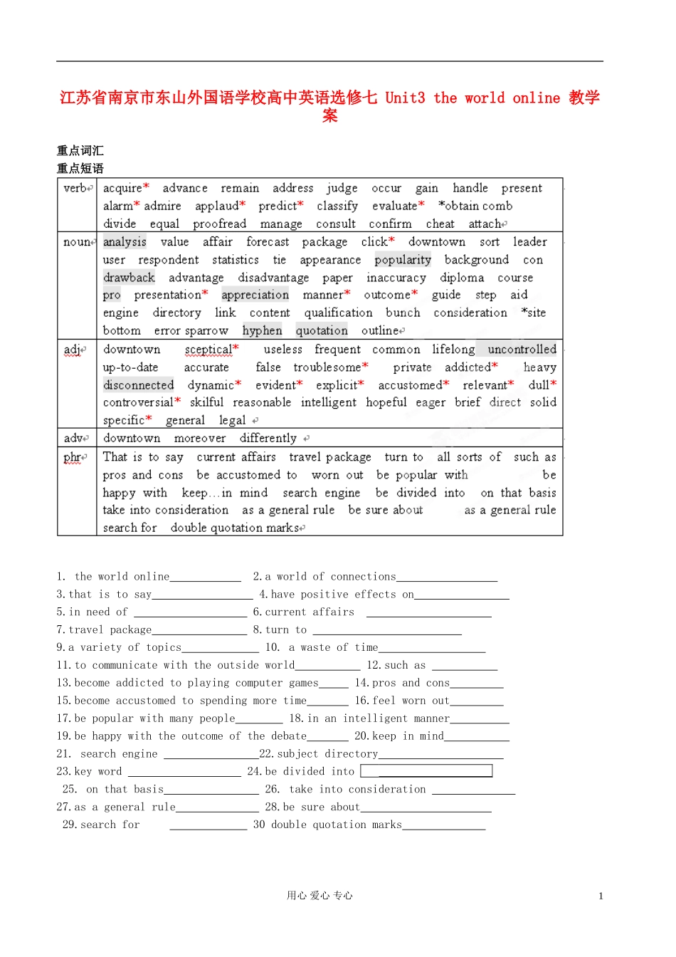 江苏省南京市东山外国语学校高中英语 Unit3 the world online 教学案 选修7_第1页