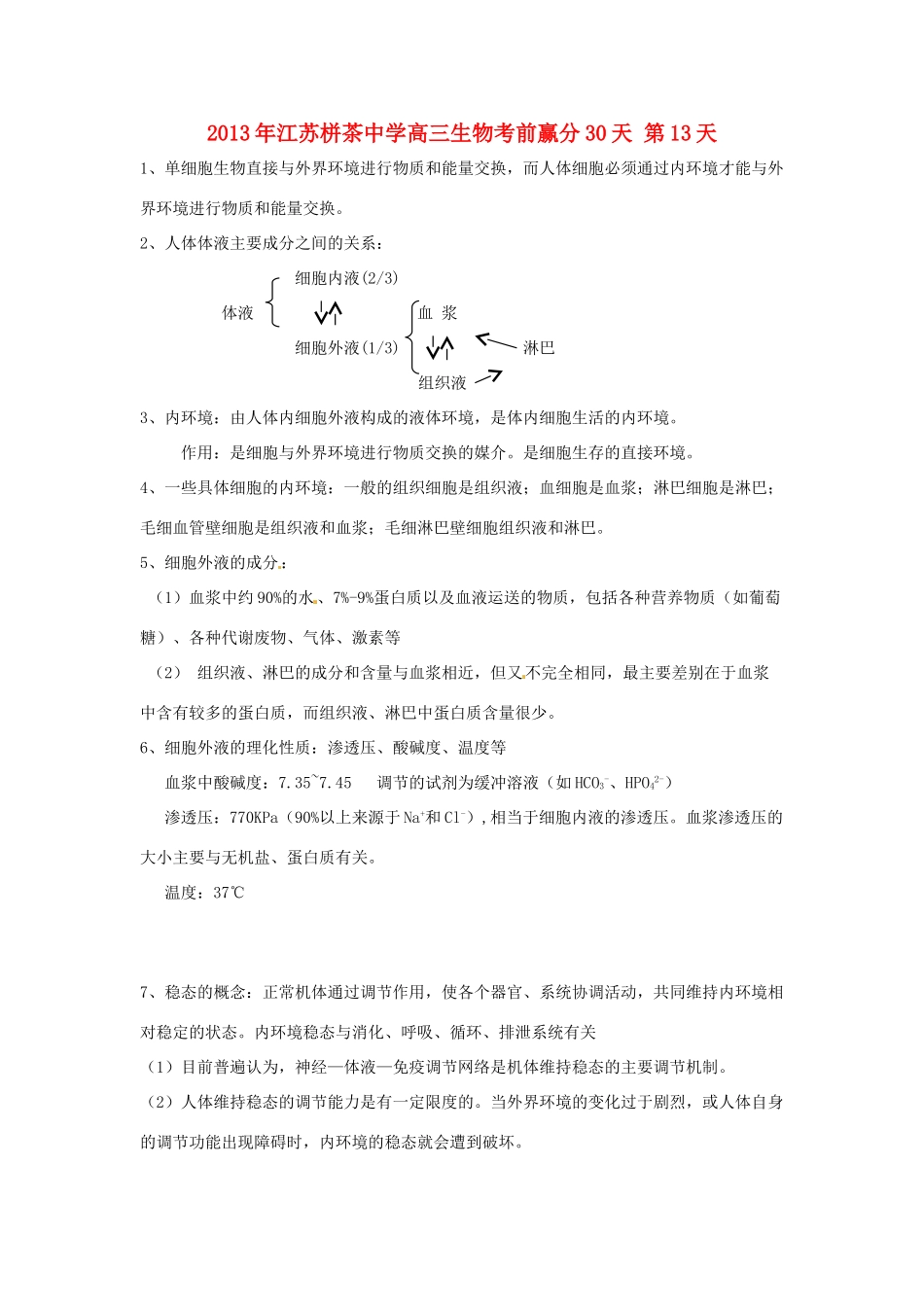 江苏省2013年栟茶中学高三生物考前赢分30天 第13天_第1页