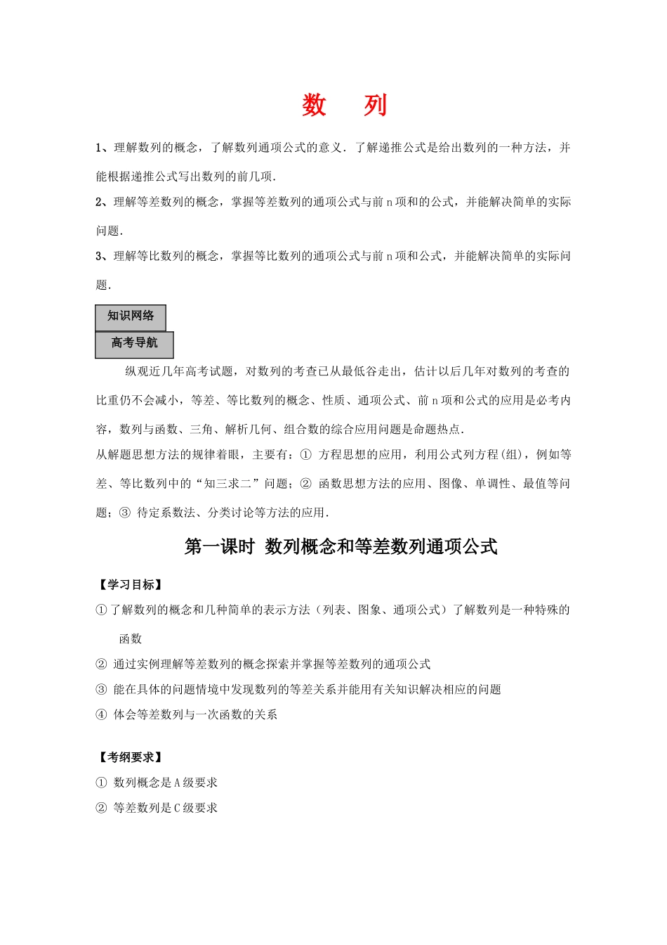 江苏省2011届高三数学高考一轮复习导学案：等差数列通向公式 苏教版_第1页