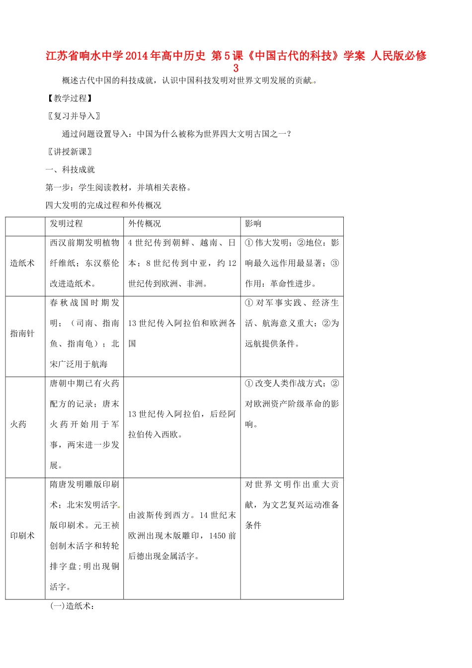 江苏省响水中学2014年高中历史 第5课《中国古代的科技》学案 人民版必修3_第1页