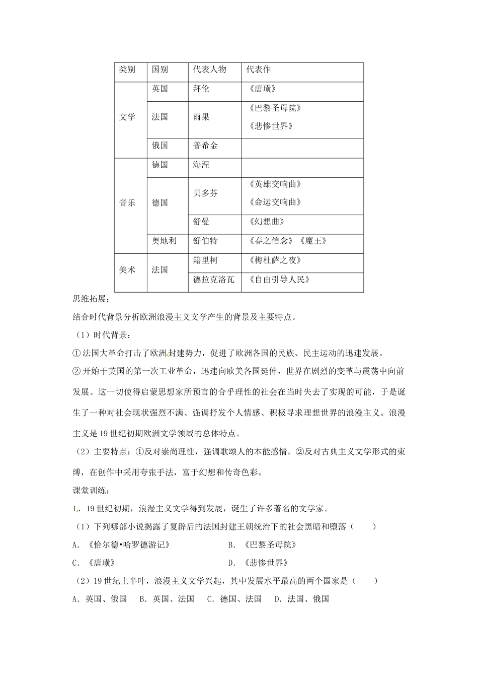 江苏省响水中学2014年高中历史 第22课《工业革命时代的浪漫情怀》学案 人民版必修3_第3页