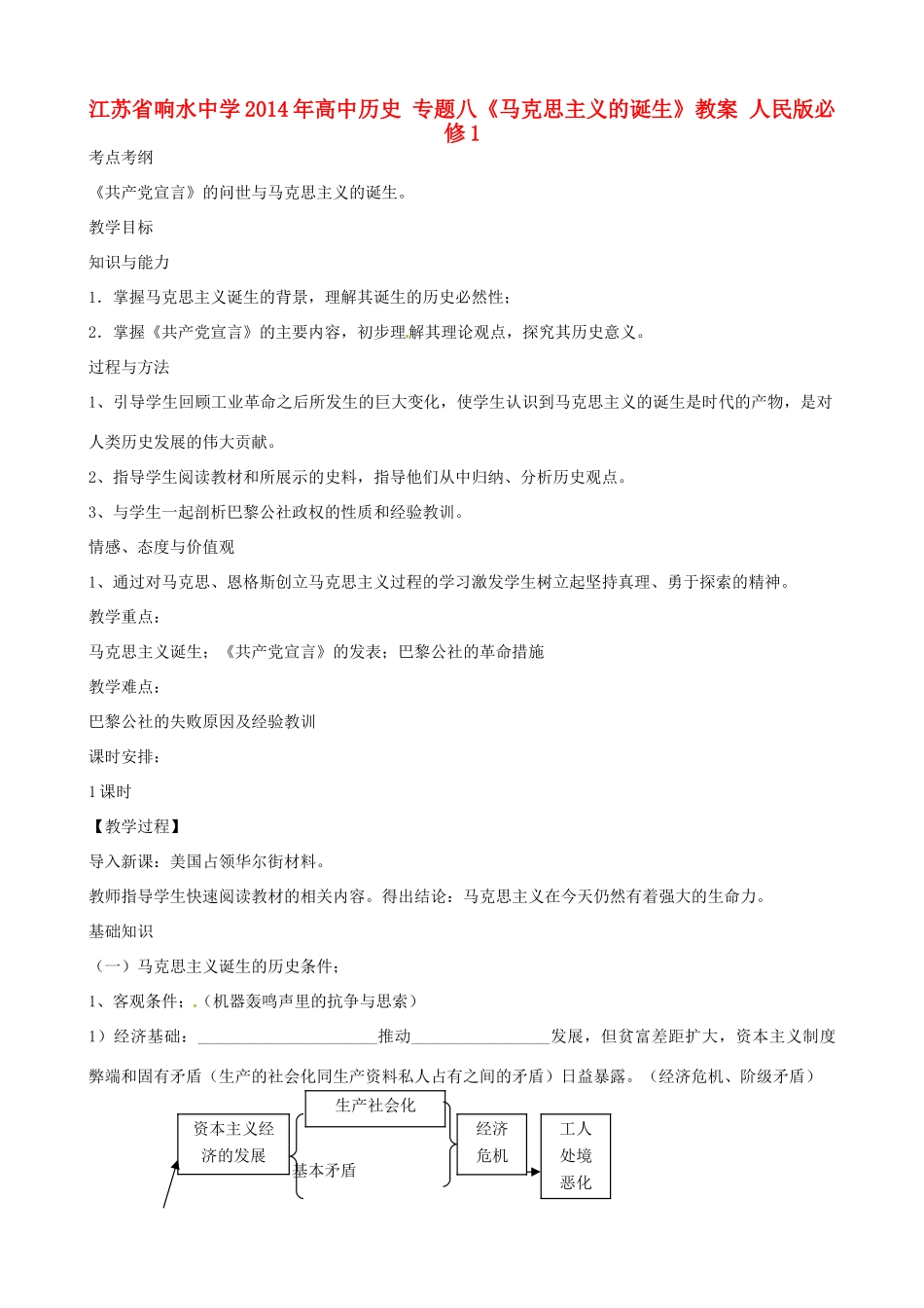 江苏省响水中学2014年高中历史 专题八《马克思主义的诞生》教案 人民版必修1_第1页
