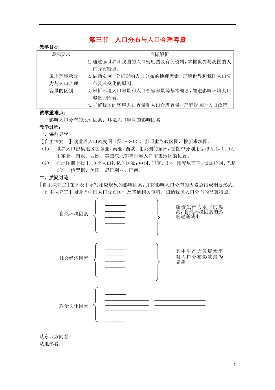 江苏省响水中学2013届高考地理 1.3 人口分布与人口合理容量复习教案 鲁教版必修2_第1页