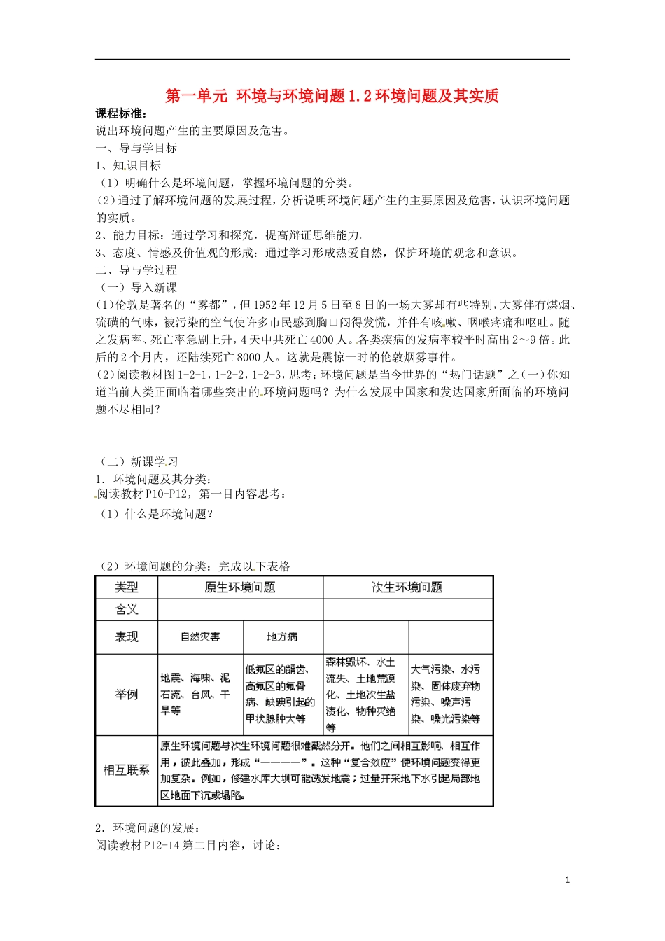 江苏省响水中学2013届高三地理 1.2 环境问题及其实质复习教案 鲁教版选修6_第1页