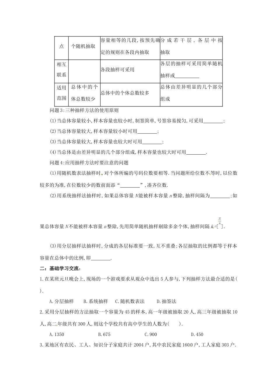 江苏省响水中学高三数学 第24课时 三种抽样的综合应用复习学案 新人教A版_第2页