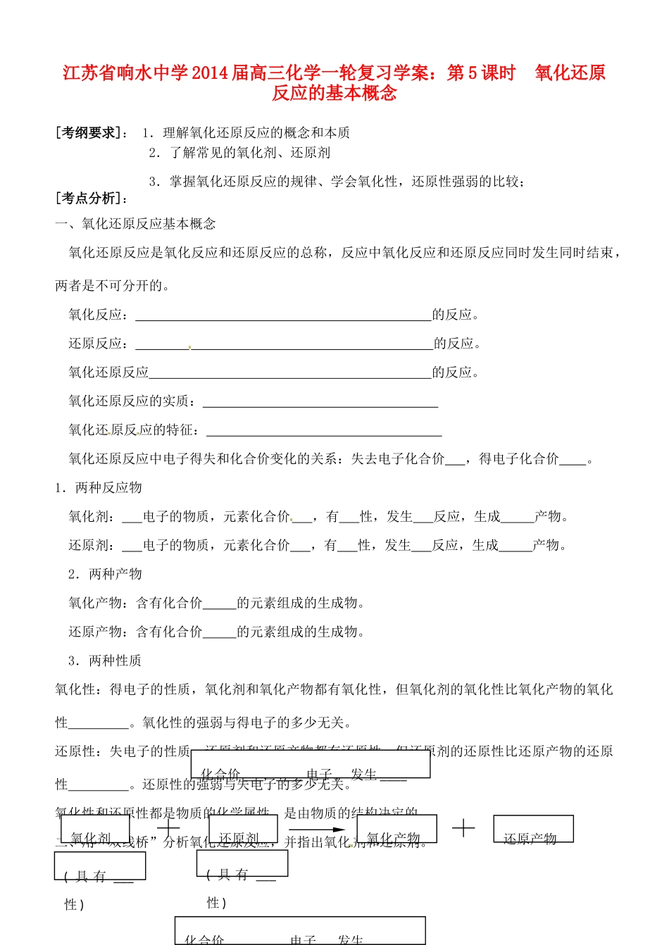 江苏省响水中学2014届高三化学一轮复习 第5课时 氧化还原反应的基本概念学案_第1页