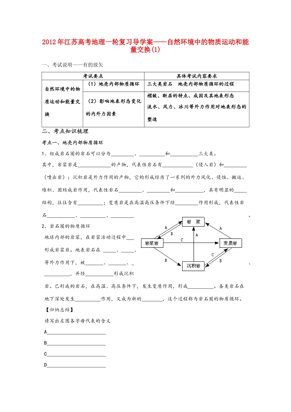 江苏省2012年高考地理一轮复习 自然环境中的物质运动和能量交换（1）导学案_第1页
