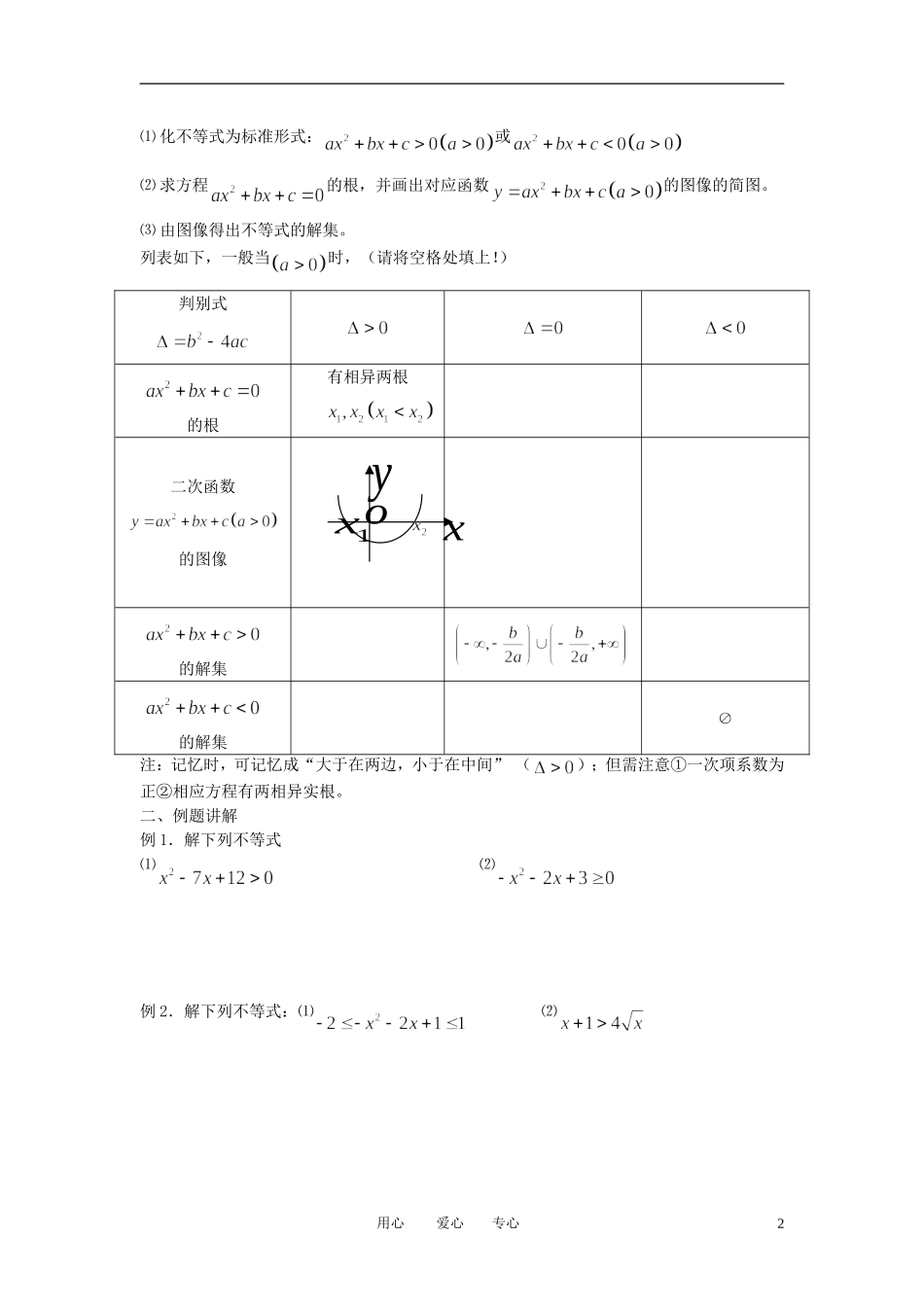 江苏省丹阳高中2011高中数学 课时37 一元二次不等式（1）学案 苏教版必修5_第2页