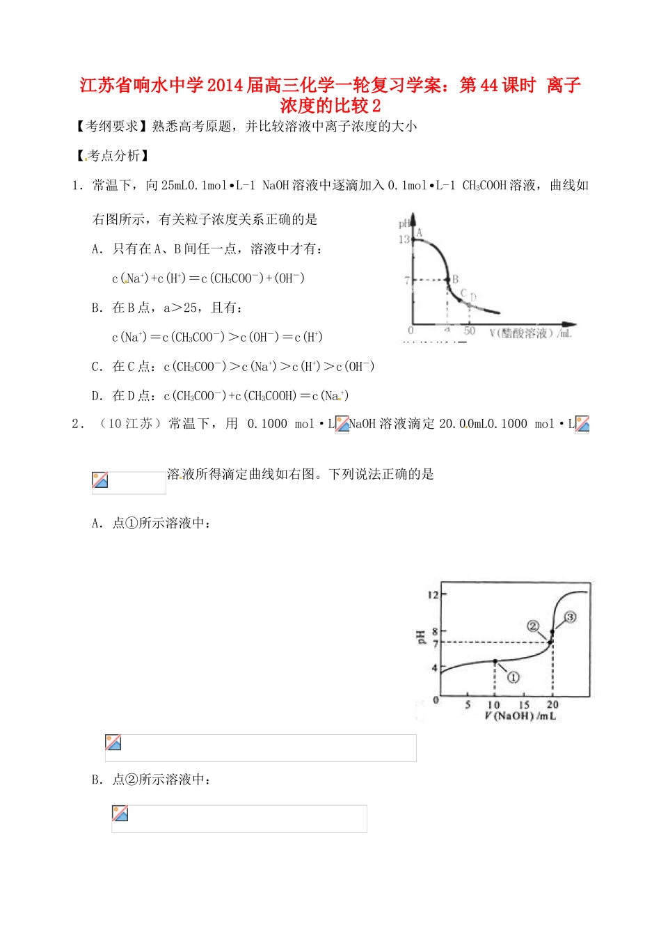 江苏省响水中学2014届高三化学一轮复习 第44课时 离子浓度的比较2学案_第1页