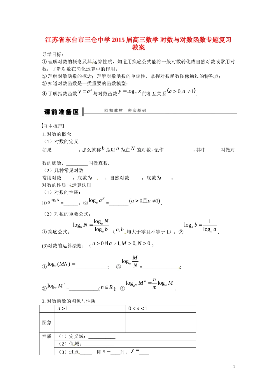 江苏省东台市三仓中学2015届高三数学 对数与对数函数专题复习 教案_第1页