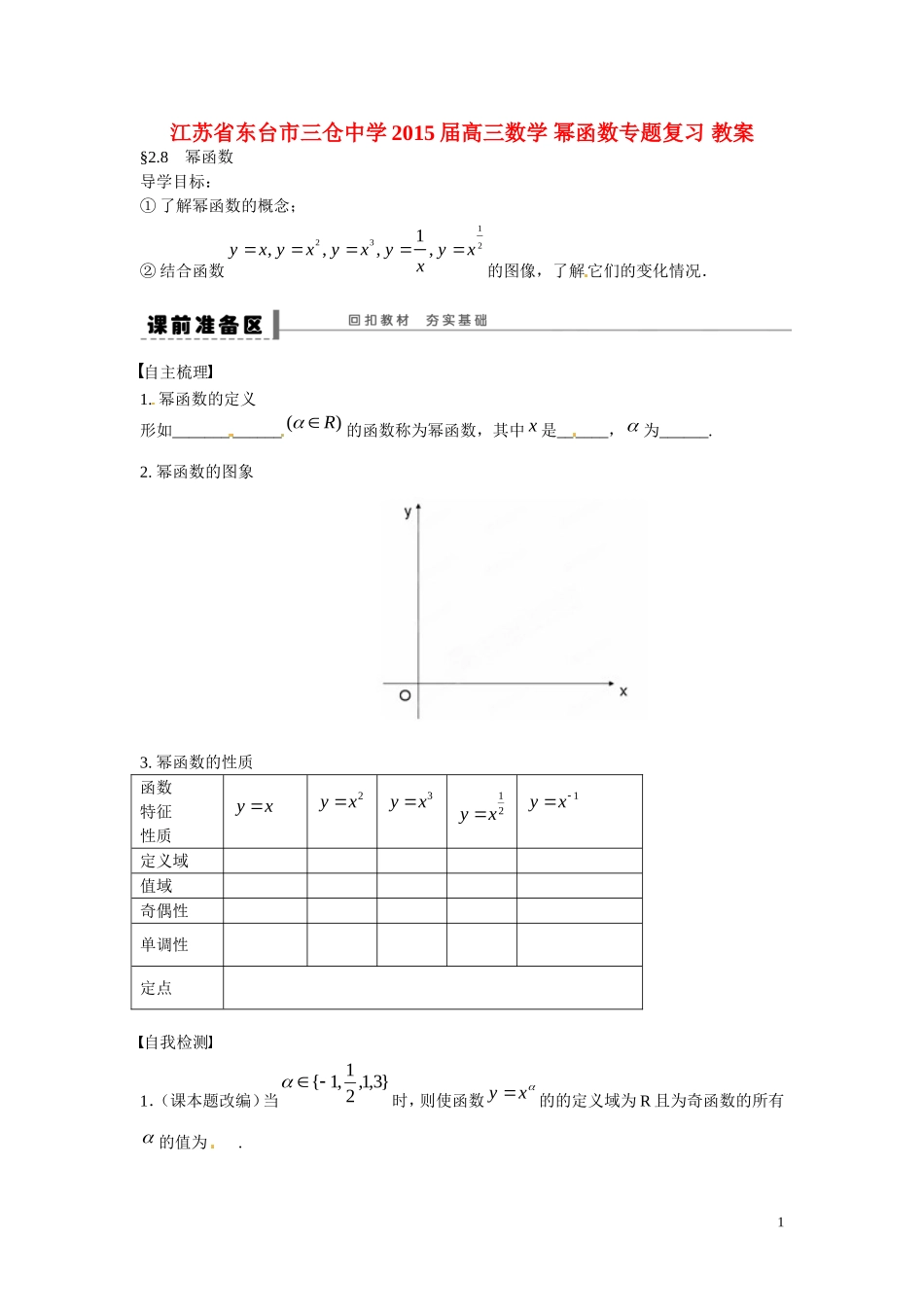 江苏省东台市三仓中学2015届高三数学 幂函数专题复习 教案_第1页