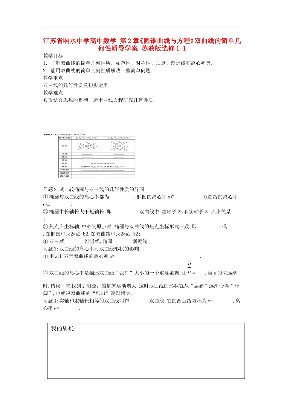江苏省响水中学高中数学 第2章《圆锥曲线与方程》双曲线的简单几何性质教学案 苏教版选修1-1_第1页