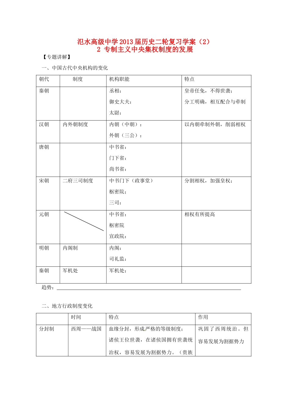 江苏省宝应县氾水高级中学2013届高三历史二轮复习 专制主义中央集权制度的发展学案_第1页