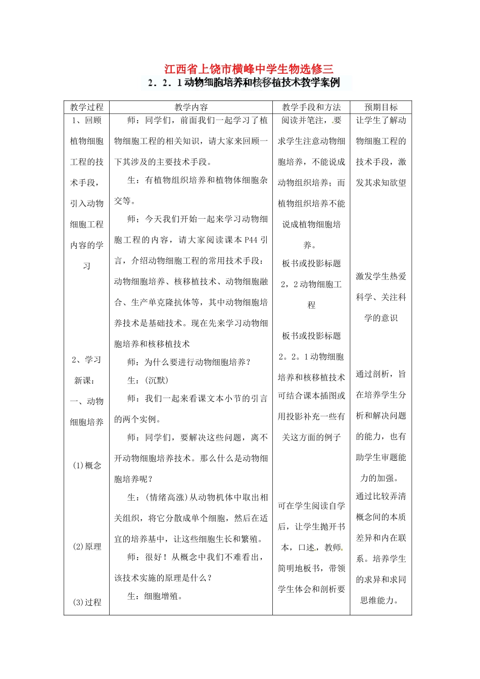 江苏省常熟市梅李中学高中物理 《动物细胞培养和核移植技术》教案 新人教版选修3_第1页
