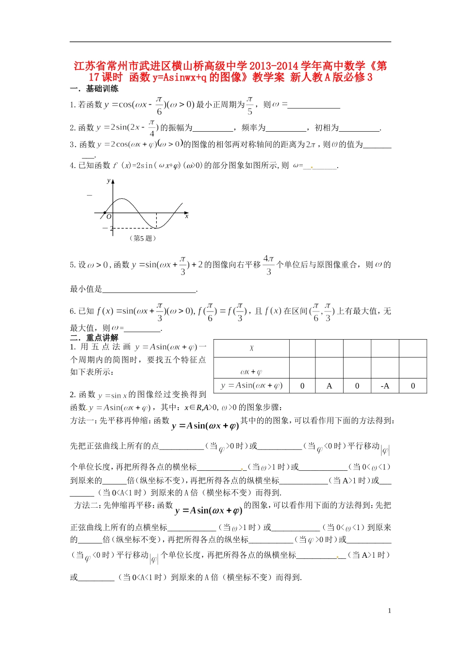 江苏省常州市武进区横山桥高级中学2013-2014学年高中数学《第17课时 函数y=Asinwx+q的图像》教学案 新人教A版必修3_第1页