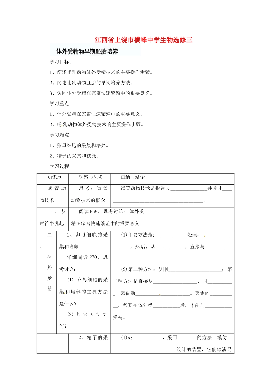 江苏省常熟市梅李中学高中物理 《体外受精和早期胚胎培养》教案 新人教版选修3_第1页