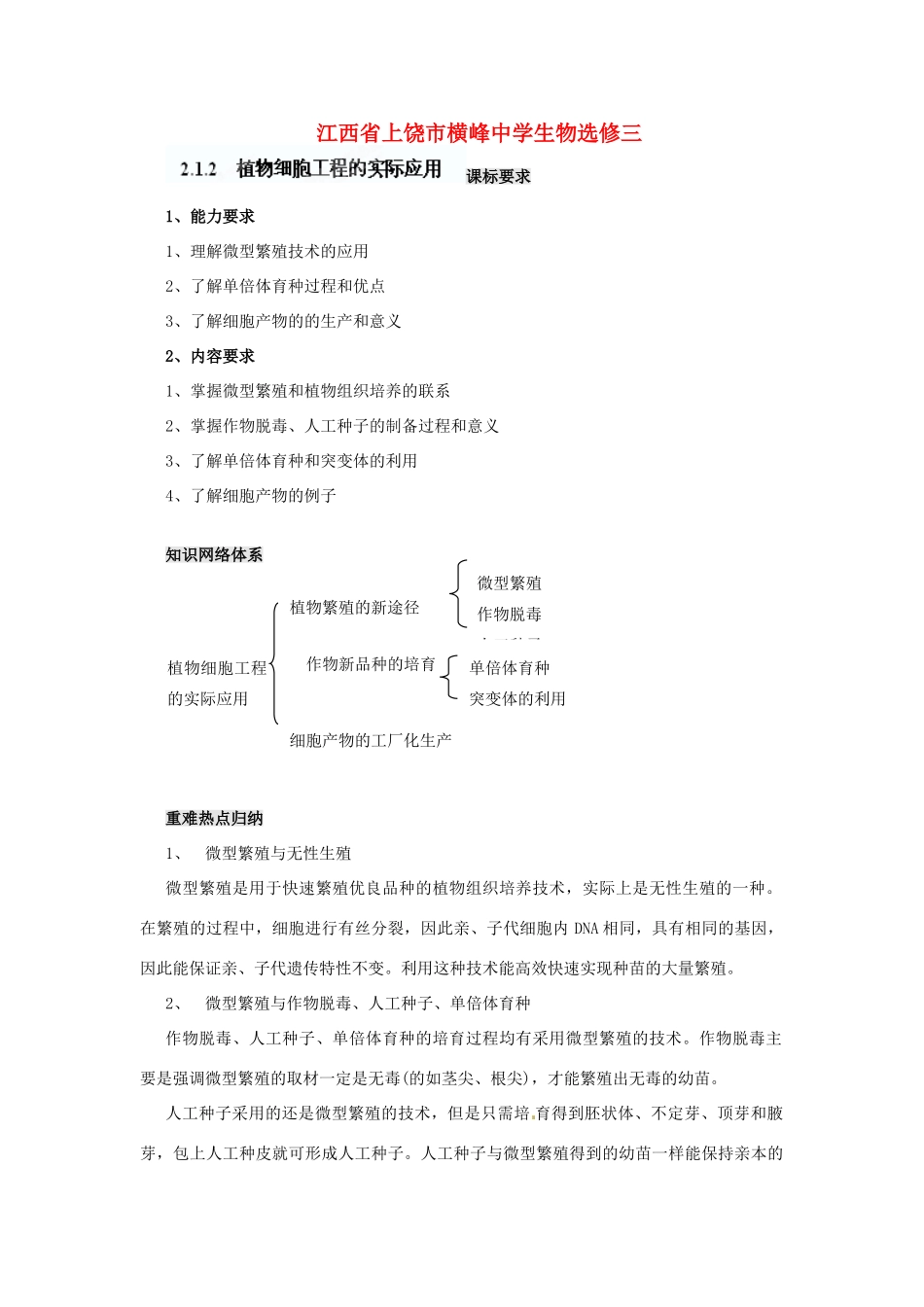 江苏省常熟市梅李中学高中物理 《植物细胞工程的实际应用》教案 新人教版选修3_第1页