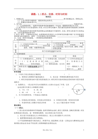 江苏省姜堰市张甸中学2012届高三物理一轮复习 1.1 质点、位移、时间与时刻教学案+同步作业