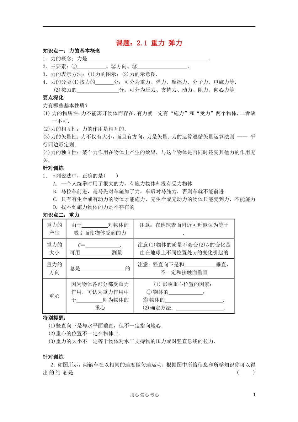 江苏省姜堰市张甸中学2012届高三物理一轮复习 2.1 重力 弹力教学案+同步作业_第1页