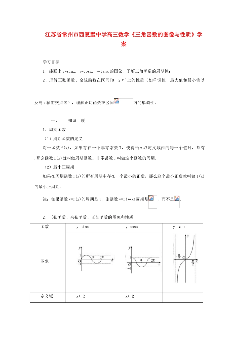 江苏省常州市西夏墅中学高三数学《三角函数的图像与性质》学案_第1页