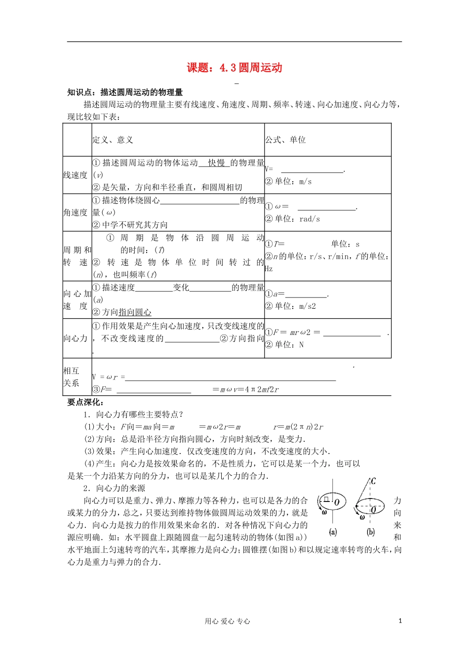 江苏省姜堰市张甸中学2012届高三物理一轮复习 4.3 圆周运动教学案+同步作业_第1页