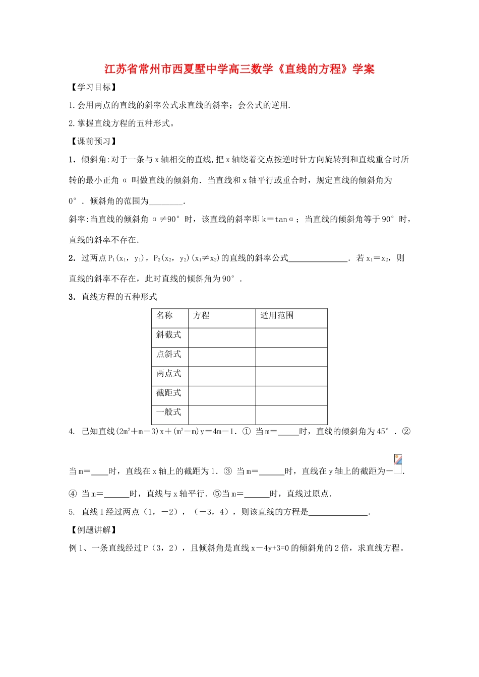江苏省常州市西夏墅中学高三数学《直线的方程》学案_第1页