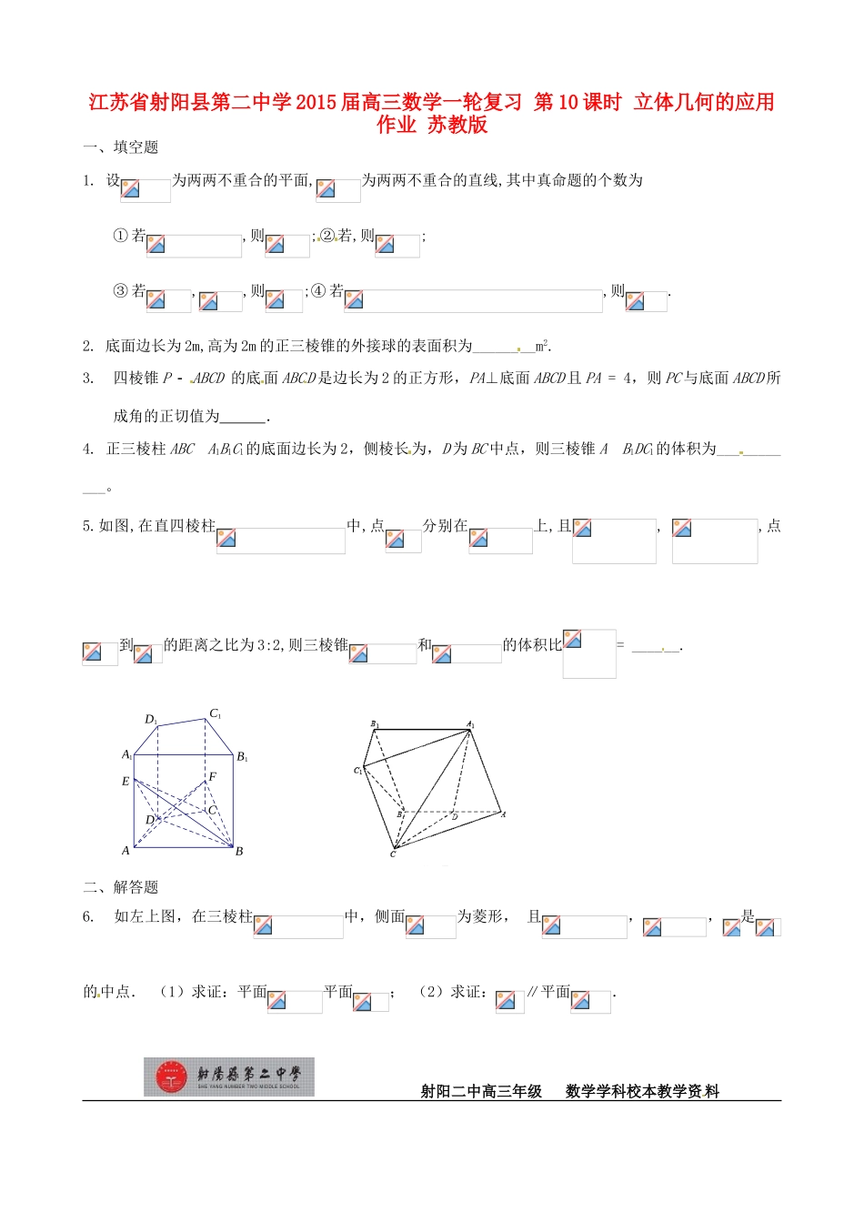江苏省射阳县第二中学2015届高三数学一轮复习 第10课时 立体几何的应用作业 苏教版_第1页