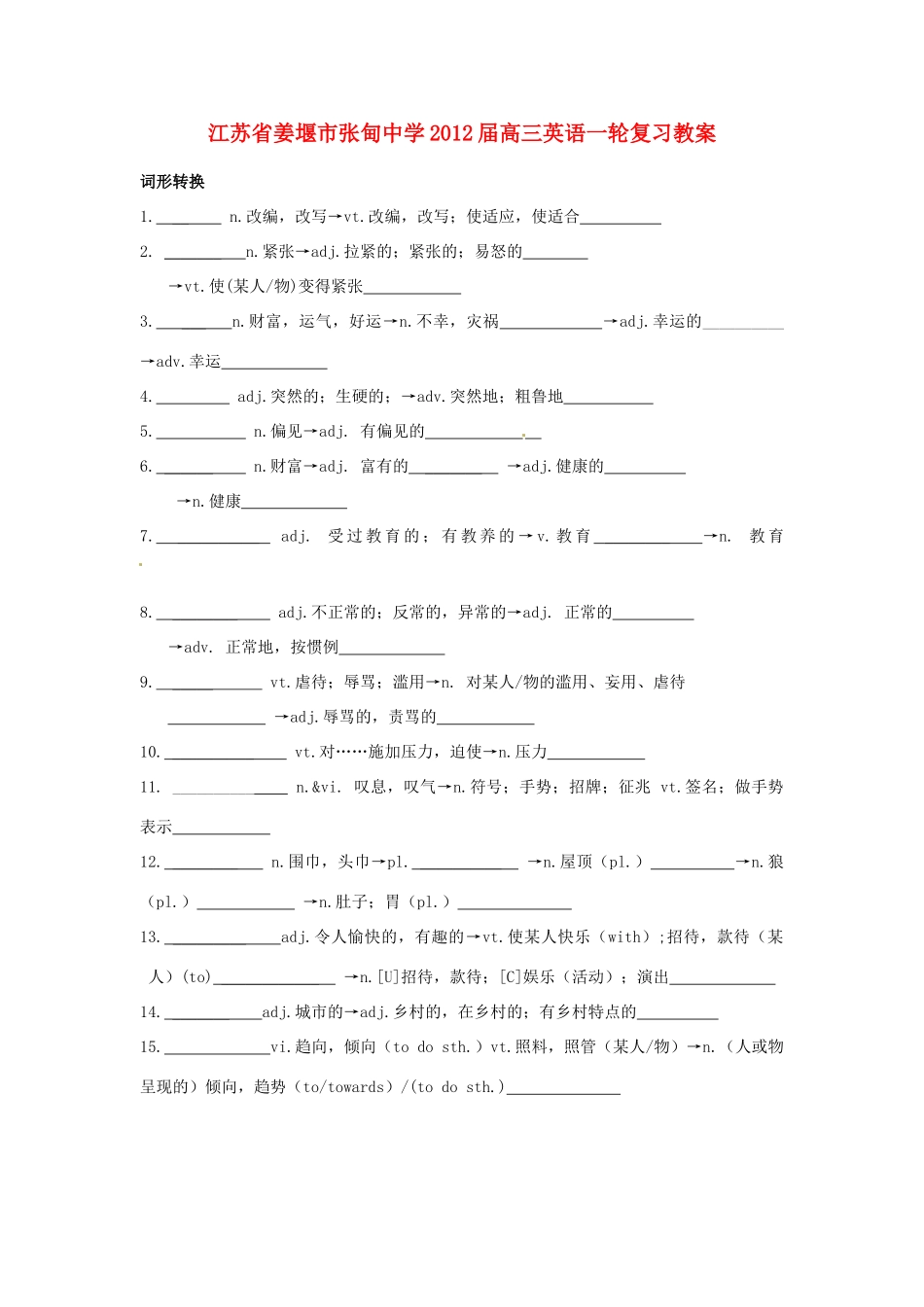 江苏省姜堰市张甸中学2012届高三英语一轮复习 词形转换教案_第1页