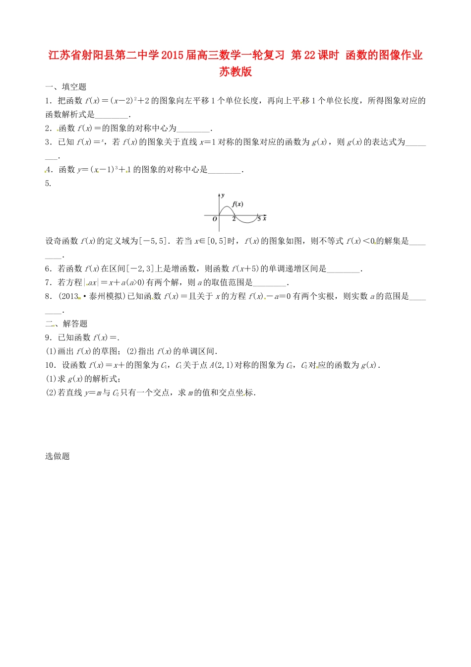 江苏省射阳县第二中学2015届高三数学一轮复习 第22课时 函数的图像作业 苏教版_第1页