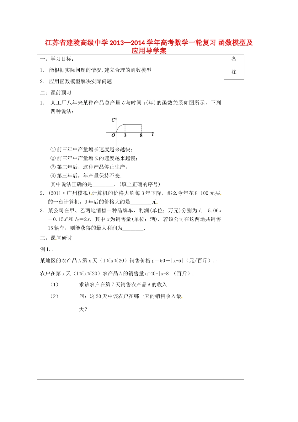 江苏省建陵高级中学2013—2014学年高考数学一轮复习 函数模型及应用导学案_第1页