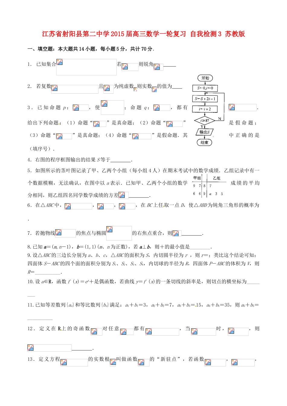 江苏省射阳县第二中学2015届高三数学一轮复习 自我检测3 苏教版_第1页