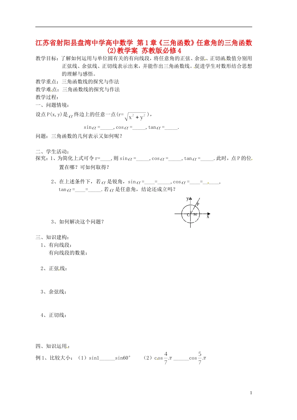 江苏省射阳县盘湾中学高中数学 第1章《三角函数》任意角的三角函数(2)教学案 苏教版必修4_第1页