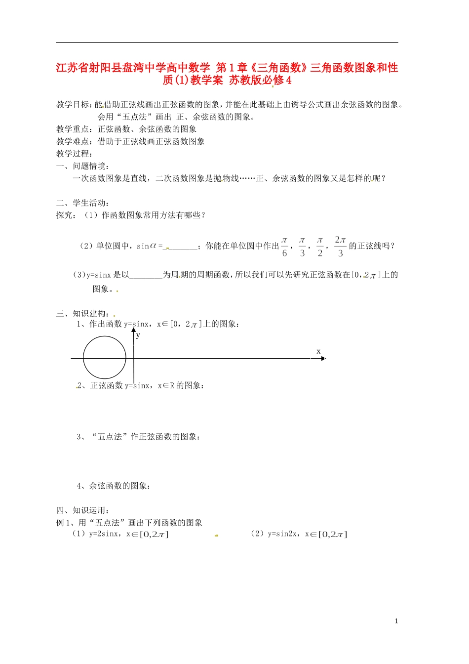 江苏省射阳县盘湾中学高中数学 第1章《三角函数》三角函数图象和性质(1)教学案 苏教版必修4_第1页