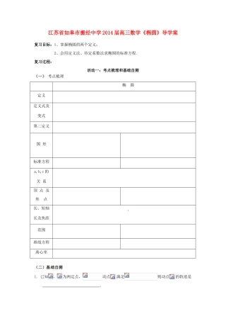 江苏省如皋市搬经中学2014届高三数学《椭圆》导学案