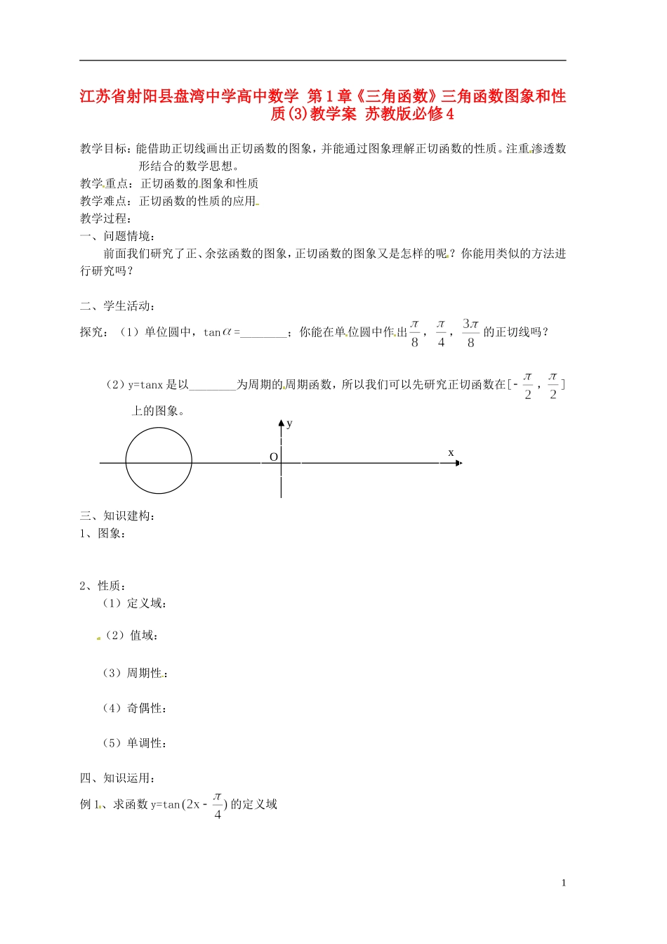 江苏省射阳县盘湾中学高中数学 第1章《三角函数》三角函数图象和性质(3)教学案 苏教版必修4_第1页