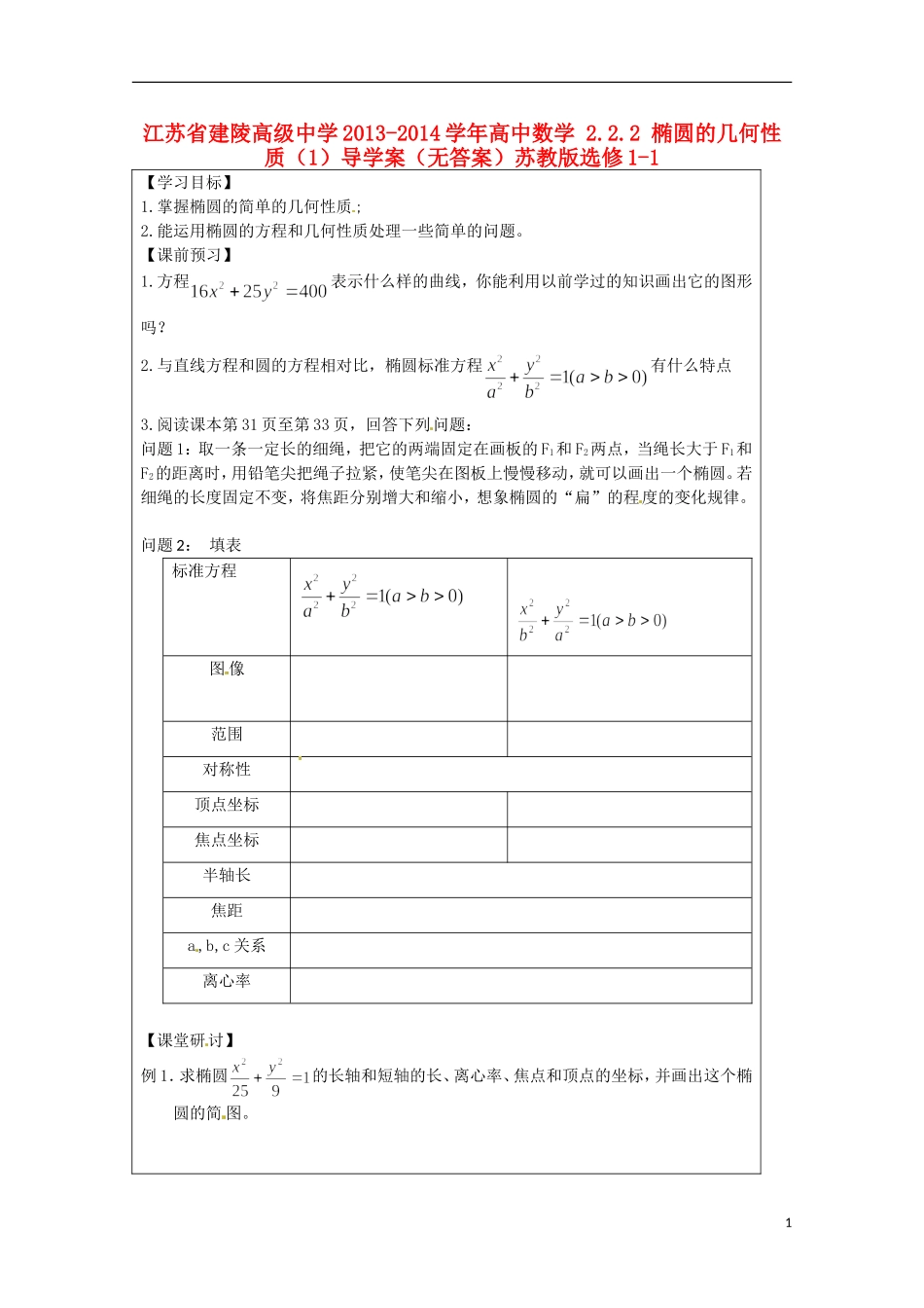 江苏省建陵高级中学2013-2014学年高中数学 2.2.2 椭圆的几何性质（1）导学案（无答案）苏教版选修1-1_第1页