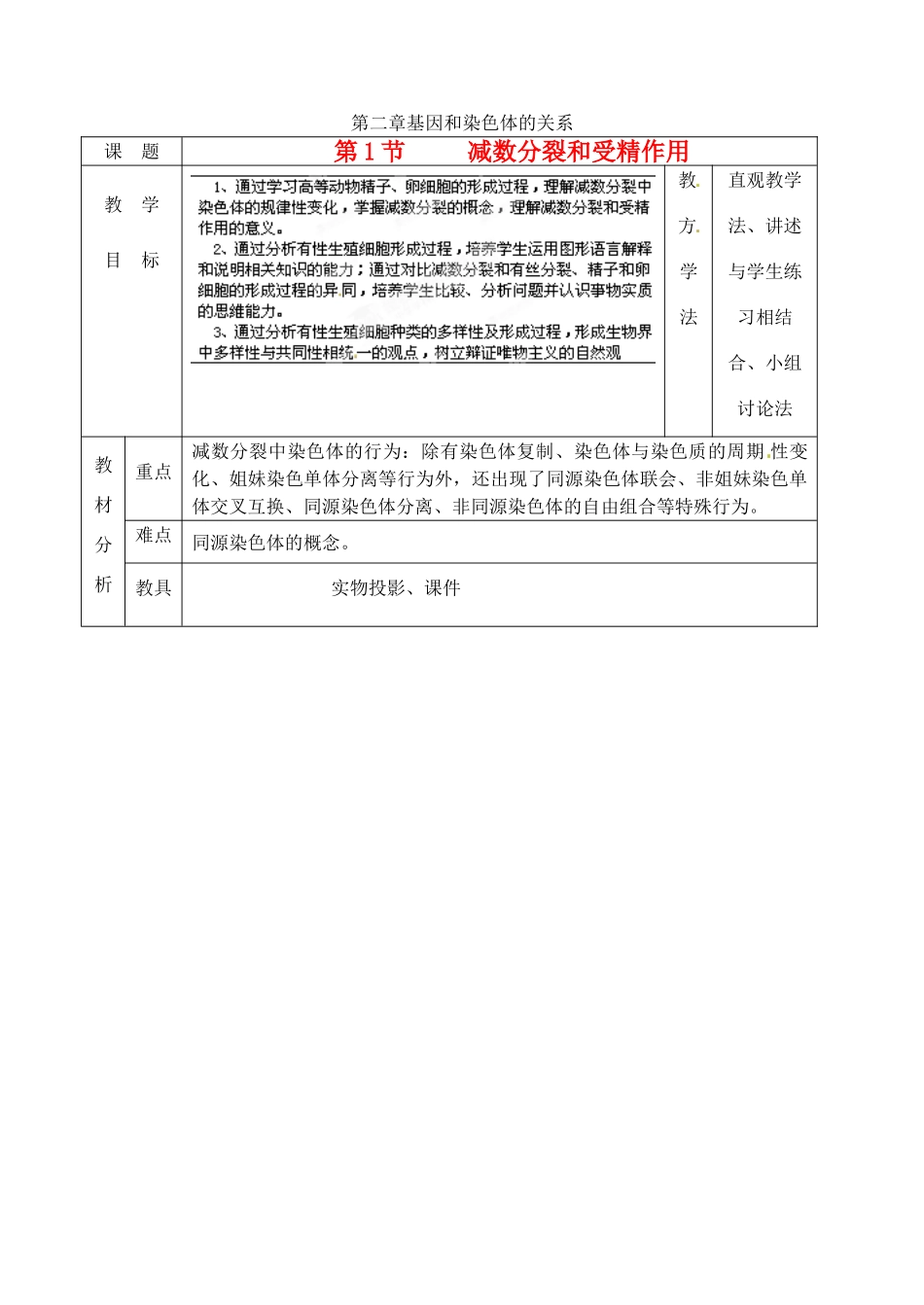 江苏省宿迁市马陵中学2014年高中生物 第2章 基因和染色体的关系 教案 新人教版必修2_第1页