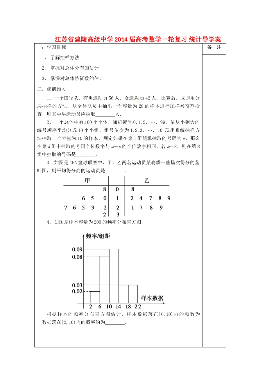 江苏省建陵高级中学2014届高考数学一轮复习 统计导学案_第1页