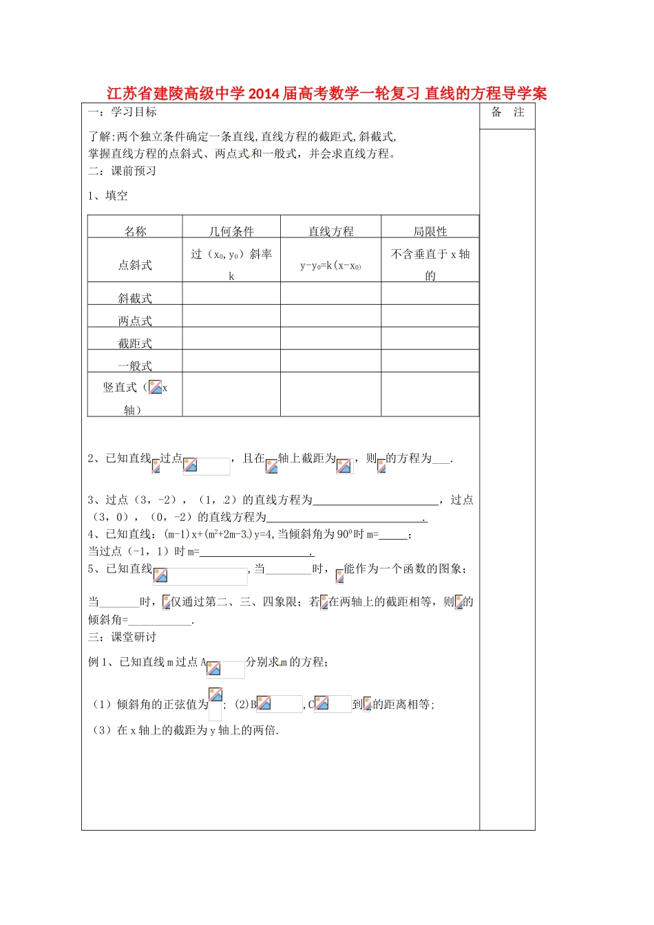 江苏省建陵高级中学2014届高考数学一轮复习 直线的方程导学案_第1页