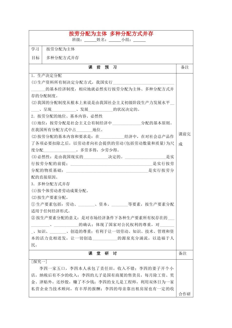 江苏省建陵中学2015届高三政治 按劳分配为主体 多种分配方式并存导学案 新人教版_第1页