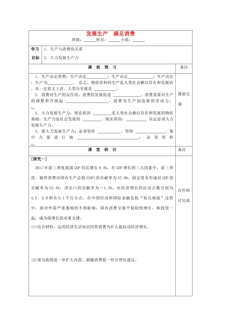 江苏省建陵中学2015届高三政治 发展生产 满足消费导学案 新人教版_第1页