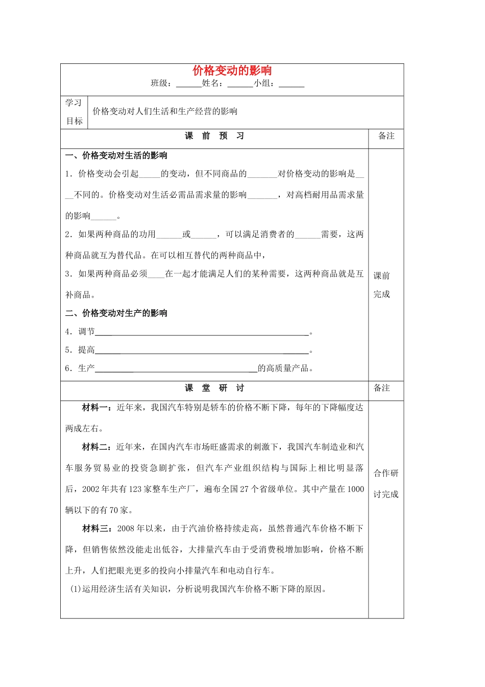 江苏省建陵中学2015届高三政治 价格变动的影响导学案 新人教版_第1页