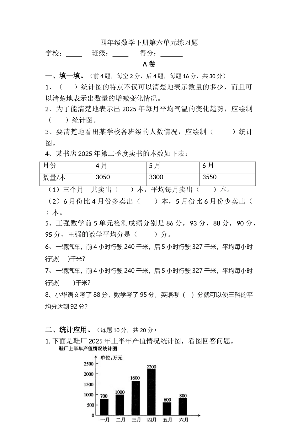 四年级数学下册第六单元练习题_第1页