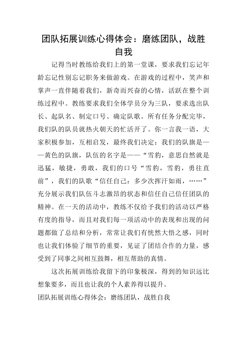 团队拓展训练心得体会：磨练团队战胜自我_第1页