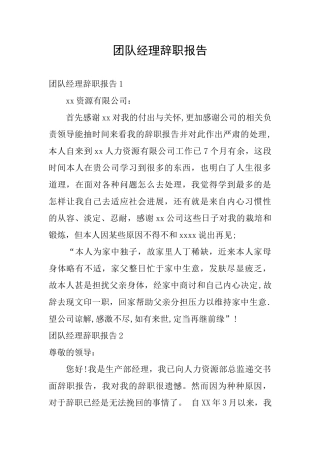 团队经理辞职报告