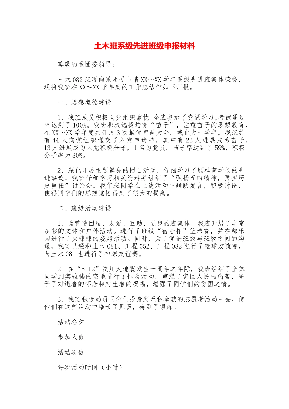 土木班系级先进班级申报材料_第1页