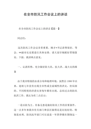 在全市防汛工作会议上的讲话0