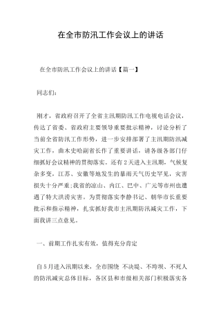 在全市防汛工作会议上的讲话